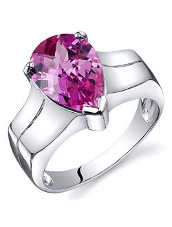 Created Pink Sapphire Ring in Sterling Silver, Cathedral Solitaire Pear Shape, 3.75 Carats 12x8mm, Comfort Fit, Sizes 5 to 9