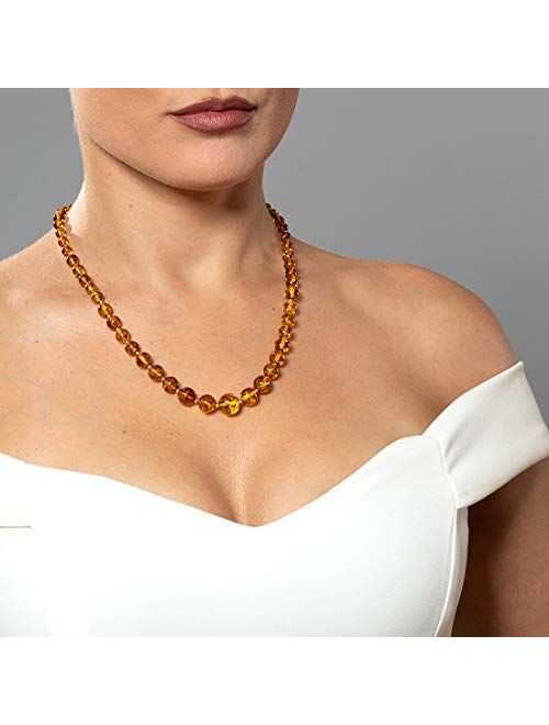 Peora Genuine Baltic Amber Graduated Strand Tennis Necklace for Women 925 Sterling Silver, Rich Cognac Color 5 to 12mm Beads, 19 inches length with 2.5 inch Extender