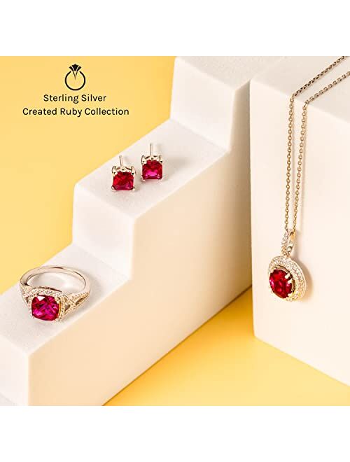 Peora Created Ruby Pendant Necklace for Women 925 Sterling Silver, Elegant Solitaire, 3 Carats Trillion Cut 8mm, with 18 inch Italian Chain
