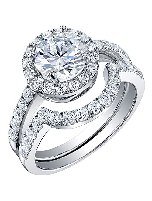 Peora Moissanite Classic Halo Engagement Ring and Wedding Band Bridal Set in Sterling Silver, 1.50 Carat Center, DE Color, VVS Clarity, Sizes 4 to 10
