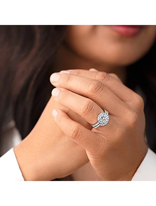 Peora Moissanite Classic Halo Engagement Ring and Wedding Band Bridal Set in Sterling Silver, 1.50 Carat Center, DE Color, VVS Clarity, Sizes 4 to 10