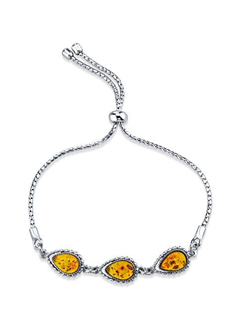 Peora Genuine Baltic Amber 3-Stone Teardrop Bolo Bracelet for Women 925 Sterling Silver, Rich Cognac Color, Adjustable Pull String, 9 inches