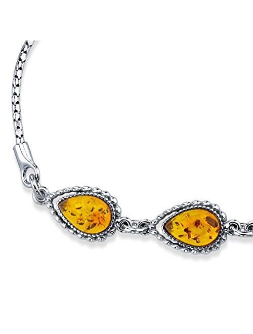 Peora Genuine Baltic Amber 3-Stone Teardrop Bolo Bracelet for Women 925 Sterling Silver, Rich Cognac Color, Adjustable Pull String, 9 inches