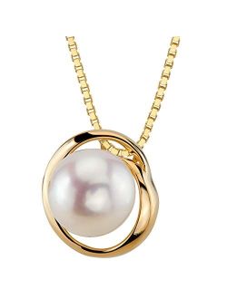 Freshwater Cultured White Pearl Pendant in 14K Yellow Gold, Round Button Shape, 9mm Swirl Slider Solitaire