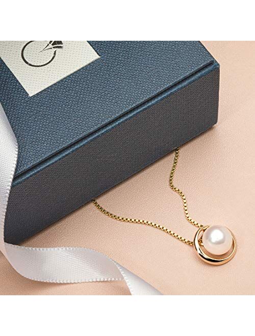 Peora Freshwater Cultured White Pearl Pendant in 14K Yellow Gold, Round Button Shape, 9mm Swirl Slider Solitaire