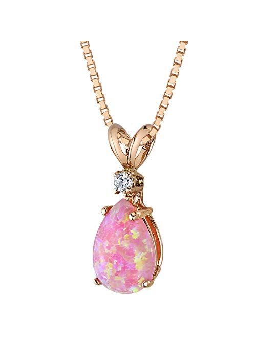 Peora Created Pink Opal with Genuine Diamond Pendant in 14K Rose Gold, Elegant Teardrop Solitaire, Pear Shape, 10x7mm, 1 Carat total