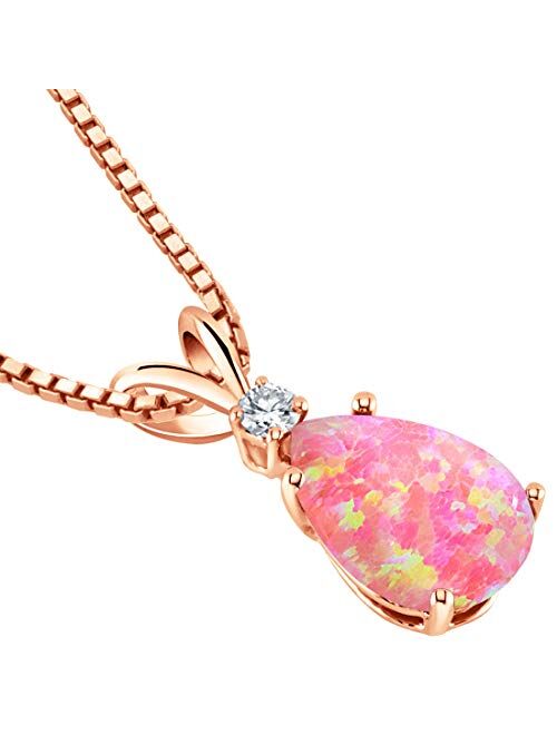 Peora Created Pink Opal with Genuine Diamond Pendant in 14K Rose Gold, Elegant Teardrop Solitaire, Pear Shape, 10x7mm, 1 Carat total