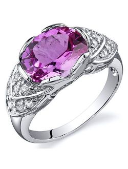 Created Pink Sapphire Ring for Women in Sterling Silver, Vintage Scallop Design, Oval Shape 3.50 Carats, Comfort Fit, Sizes 5 to 9