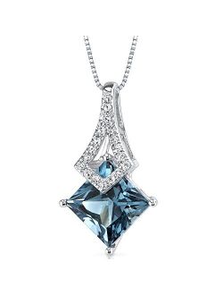 London Blue Topaz and Diamond Pendant for Women 14K White Gold, Genuine Gemstone Birthstone, 1.99 Carats Princess Cut 7mm, with 18 inch Chain