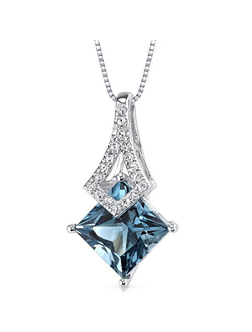 Peora London Blue Topaz and Diamond Pendant for Women 14K White Gold, Genuine Gemstone Birthstone, 1.99 Carats Princess Cut 7mm, with 18 inch Chain