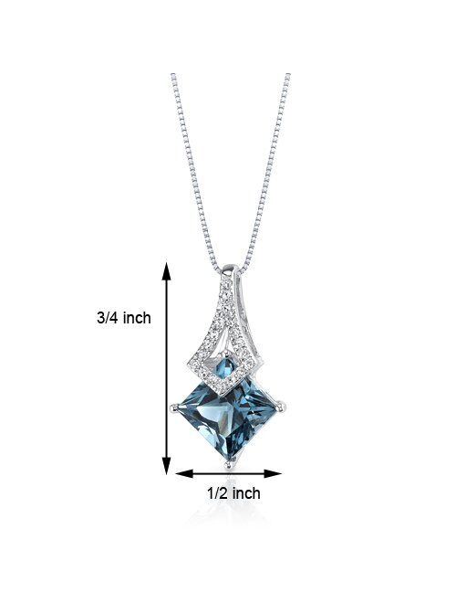 Peora London Blue Topaz and Diamond Pendant for Women 14K White Gold, Genuine Gemstone Birthstone, 1.99 Carats Princess Cut 7mm, with 18 inch Chain