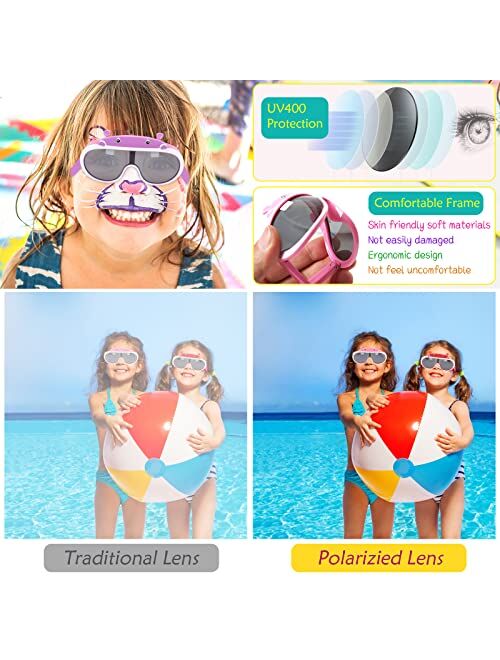 Ricawa Hippo Kids Sunglasses, Flexible Polarized Toddler Sunglasses for Boys Girls Age 3-10, 100% UV Protection