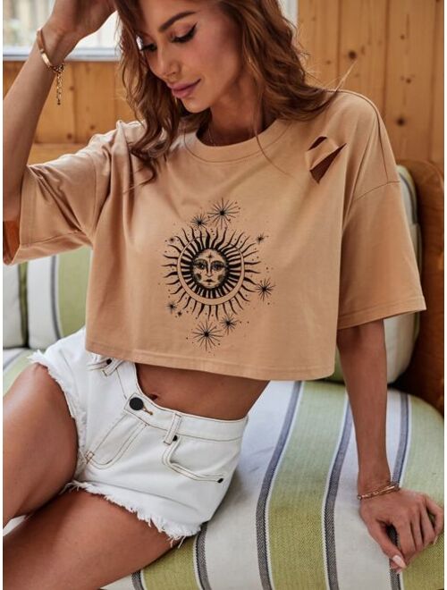 SHEIN Unity Drop Shoulder Ripped Graphic Print Tee