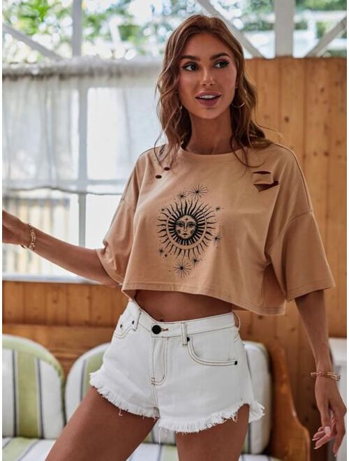 SHEIN Unity Drop Shoulder Ripped Graphic Print Tee