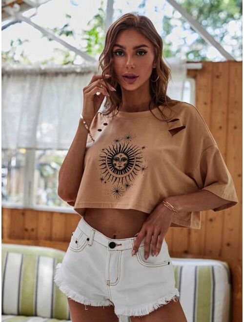 SHEIN Unity Drop Shoulder Ripped Graphic Print Tee