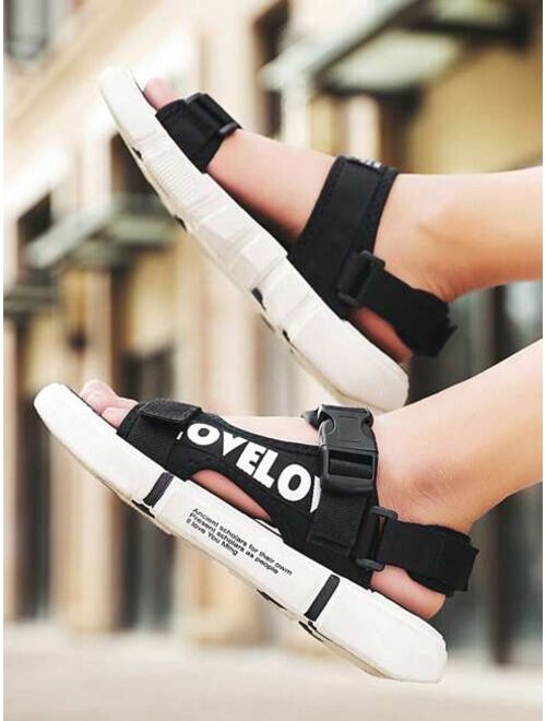Shein Sporty Black Sandals For Men, Letter Graphic Hook-and-loop Fastener Strap Sport Sandals