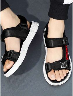 Sporty Black Sandals For Men, Letter Graphic Hook-and-loop Fastener Sport Sandals