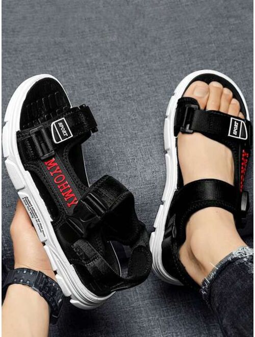 Shein Sporty Black Sandals For Men, Letter Graphic Hook-and-loop Fastener Sport Sandals