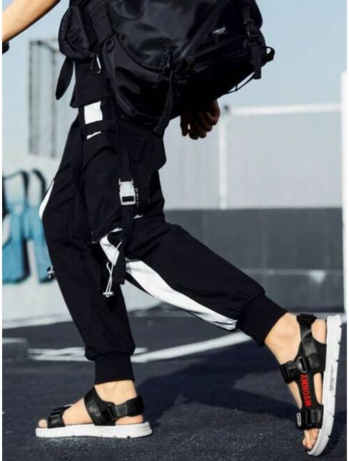 Shein Sporty Black Sandals For Men, Letter Graphic Hook-and-loop Fastener Sport Sandals