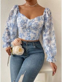 VCAY Floral Print Flounce Sleeve Ruched Chiffon Blouse