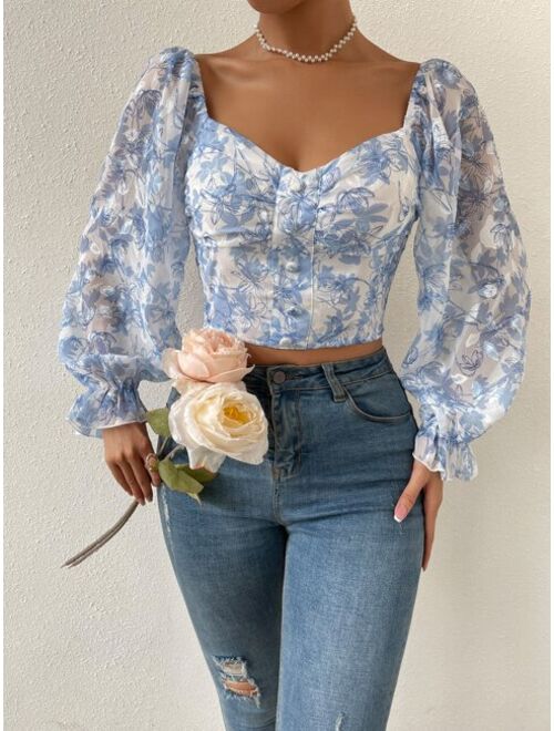 SHEIN VCAY Floral Print Flounce Sleeve Ruched Chiffon Blouse