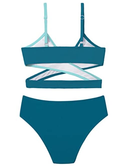 Aulyffo Girls Swimsuits Bikini Set,Two Piece Swimsuit Criss Cross Bathing Suit Girls' Swimwear