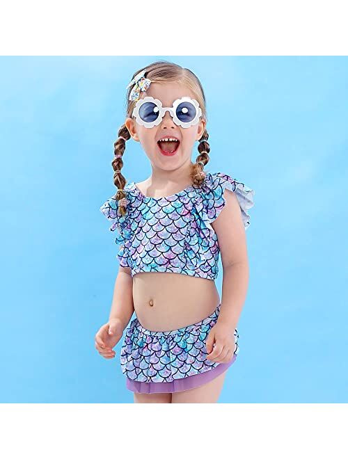 swimsobo Toddler Girls Swimsuits Two-Pieces Flutter Sleeve Tankini Printed Quick Dry Swimwear 1-8T