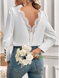 Frenchy Guipure Lace Insert Gigot Sleeve Blouse