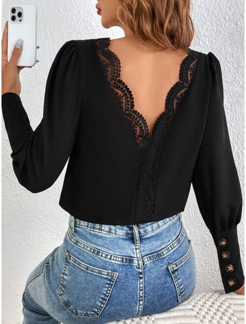 SHEIN Frenchy Guipure Lace Insert Gigot Sleeve Blouse