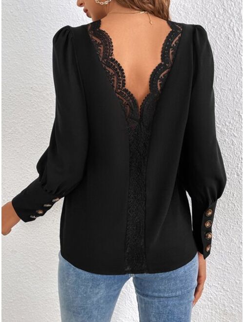 SHEIN Frenchy Guipure Lace Insert Gigot Sleeve Blouse