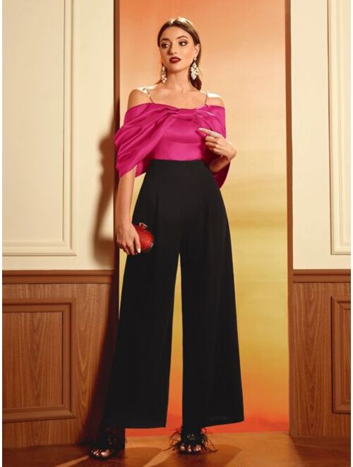 SHEIN Modely Cold Shoulder Ruched Sleeve Satin Top