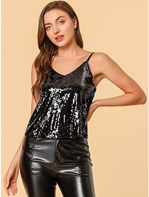Allegra K Women's Sequined Shining Camisole Club Party Glitter Disco Sparkle Cami Top
