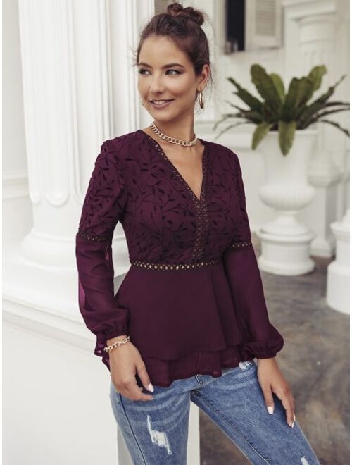 EMERY ROSE Plant Embroidery Guipure Lace Insert Lantern Sleeve Peplum Blouse