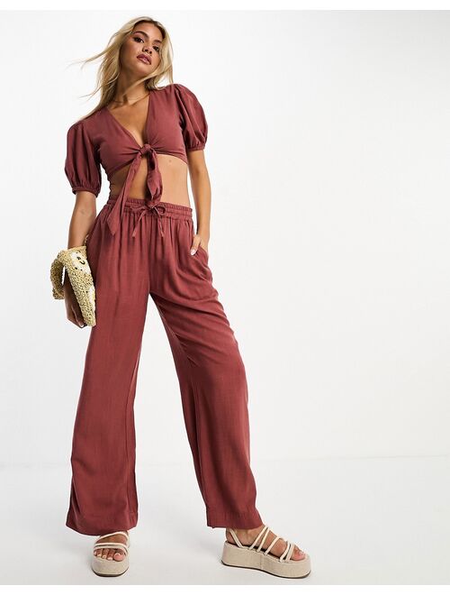 ASOS DESIGN linen pull on pants in terracotta - part of a set