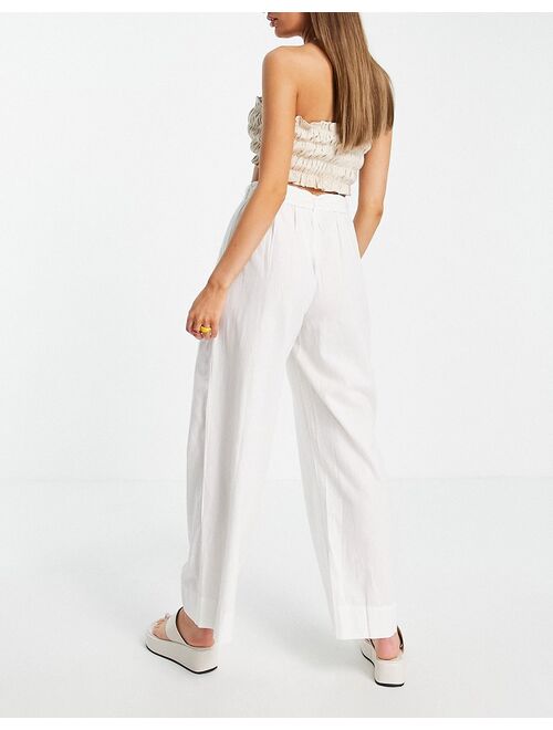 Vila linen touch tie waist wide leg pants in white