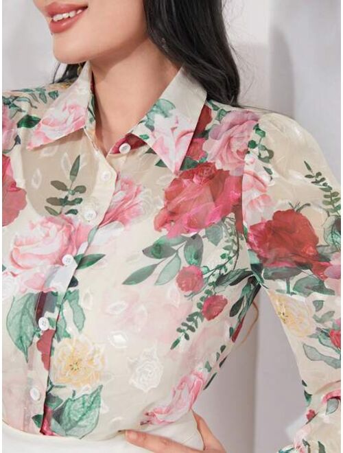 SHEIN Mulvari Floral Print Button Front Shirt Without Cami Top