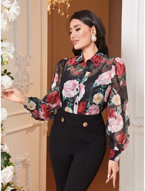 SHEIN Mulvari Floral Print Button Front Shirt Without Cami Top