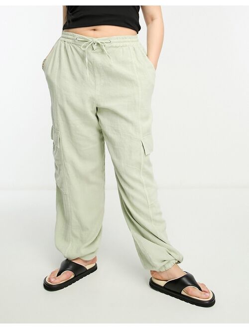 ASOS Curve ASOS DESIGN Curve linen pull on cargo pants in sage