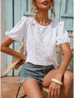 Jacquard Puff Sleeve Keyhole Back Blouse