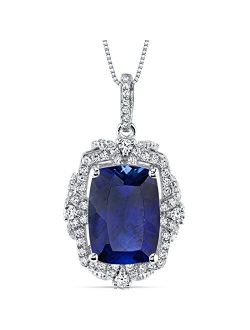 Created Blue Sapphire Pendant Necklace in Sterling Silver, Cushion Cut, 14x10mm, 9 Carats, Vintage Gallery Design, with 18 inch Chain