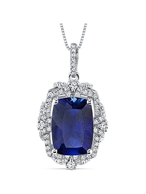 Peora Created Blue Sapphire Pendant Necklace in Sterling Silver, Cushion Cut, 14x10mm, 9 Carats, Vintage Gallery Design, with 18 inch Chain