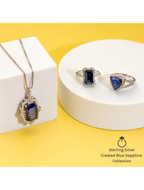 Peora Created Blue Sapphire Pendant Necklace in Sterling Silver, Cushion Cut, 14x10mm, 9 Carats, Vintage Gallery Design, with 18 inch Chain