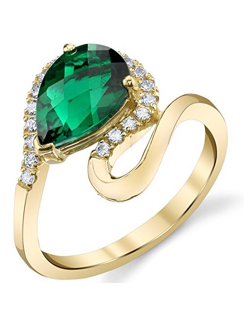 Peora Created Emerald Teardrop Swirl Ring for Women 14K Yellow Gold, 1.75 Carats Pear Shape 10x7mm, Sizes 5 to 9