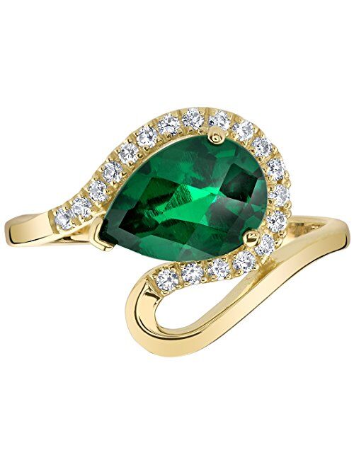 Peora Created Emerald Teardrop Swirl Ring for Women 14K Yellow Gold, 1.75 Carats Pear Shape 10x7mm, Sizes 5 to 9