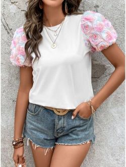 Floral Appliques Puff Sleeve Tee