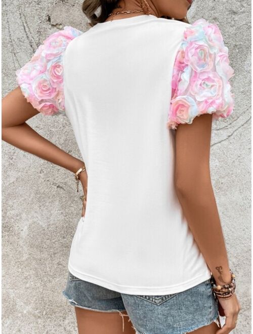 EMERY ROSE Floral Appliques Puff Sleeve Tee