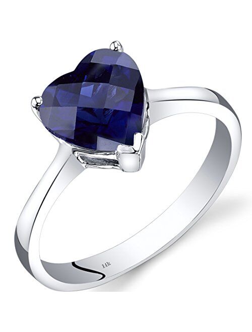 Peora Created Blue Sapphire Heart Solitaire Ring for Women 14K White Gold, 2.25 Carats 8mm, Size 7