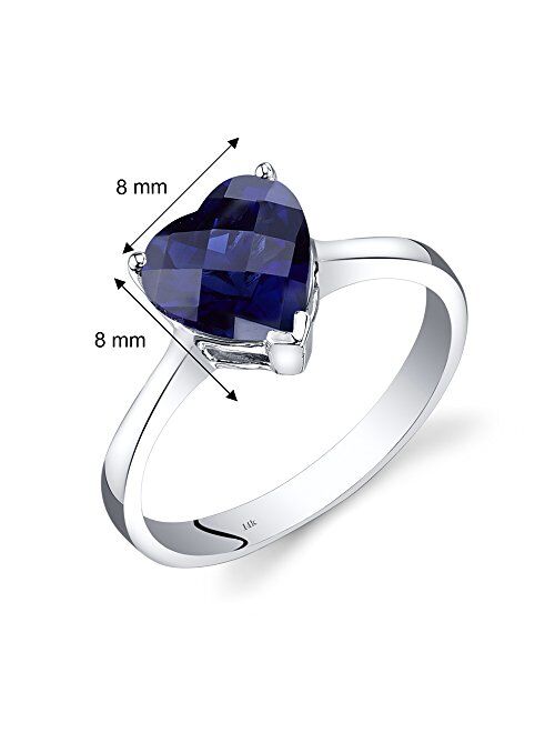 Peora Created Blue Sapphire Heart Solitaire Ring for Women 14K White Gold, 2.25 Carats 8mm, Size 7