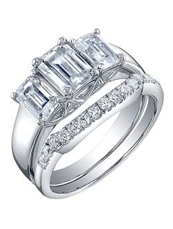 Moissanite 3-Stone Emerald Cut Engagement Ring and Wedding Band Bridal Set in Sterling Silver, 2.50 Carats Total, DE Color, VVS Clarity, Sizes 4 to 10