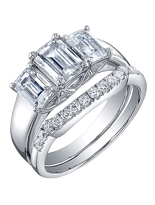 Peora Moissanite 3-Stone Emerald Cut Engagement Ring and Wedding Band Bridal Set in Sterling Silver, 2.50 Carats Total, DE Color, VVS Clarity, Sizes 4 to 10